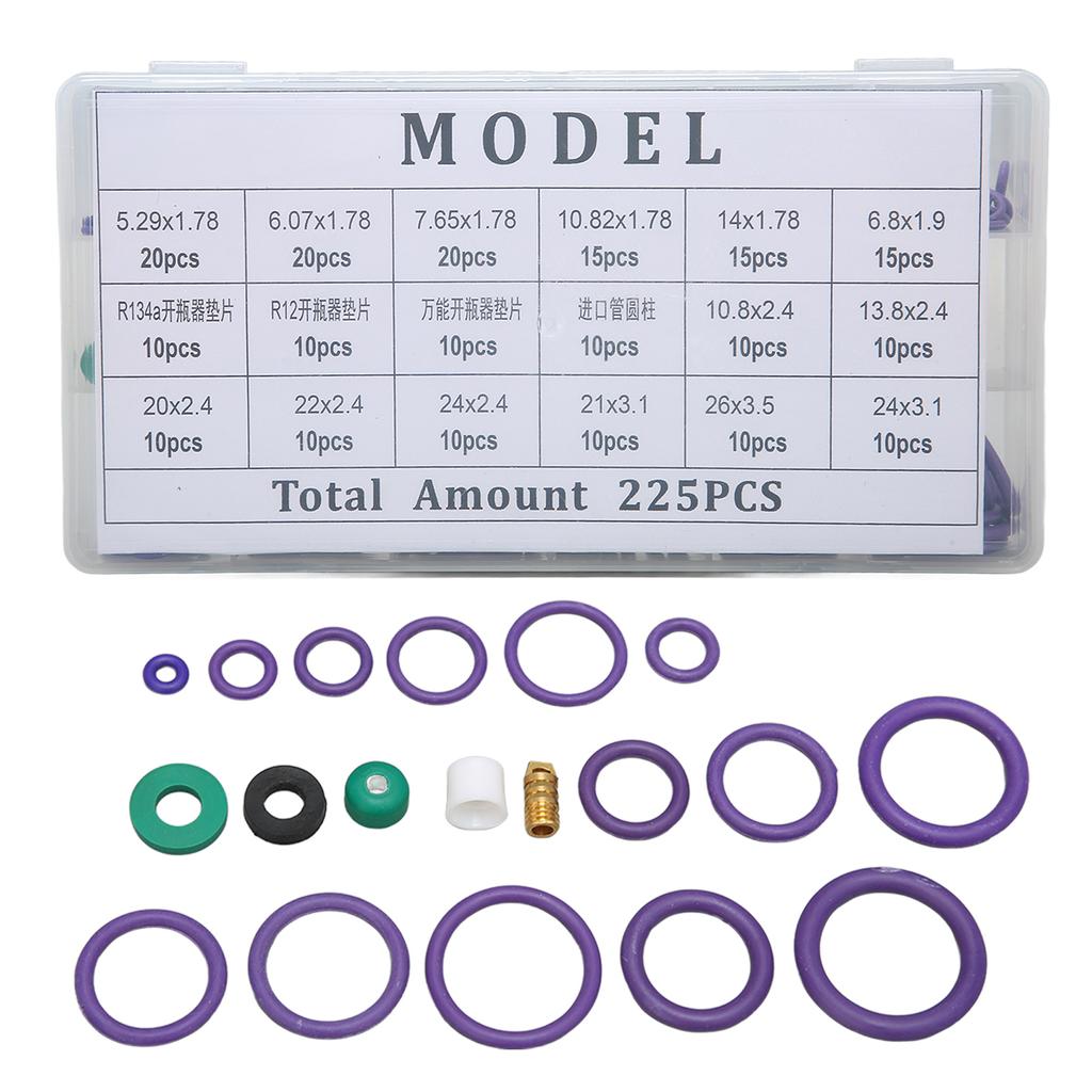 225PCS Car Air Conditioner O Ring Seal Set 14 Sizes Assortment with Washer Spacer for Machinery Industry Home