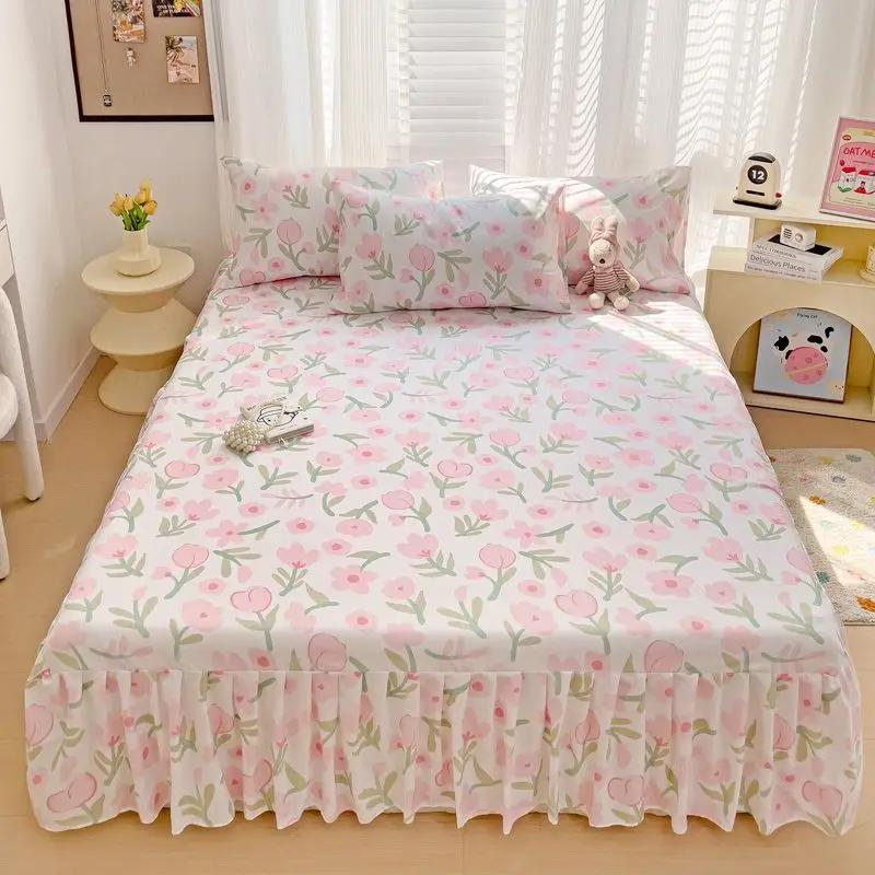Printed Cotton Bed Skirt Three Piece Set All Season Universal Ruffle Edge Single Bed Cover Soft Comfortable Bedding Bedspread