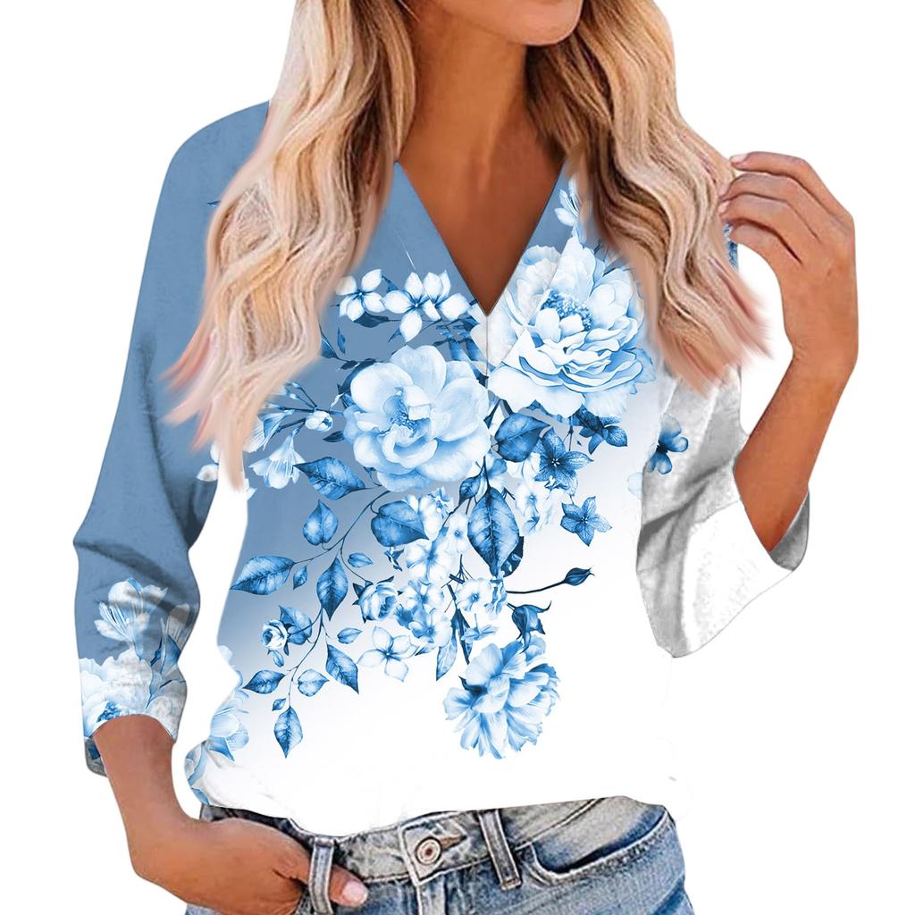 Women's Casual And Fashionable Flower Printing V-Neck Top With Seven Quarter Sleeves