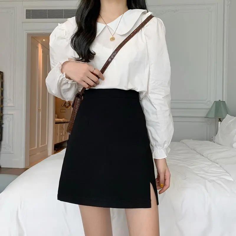 

Летняя мини-юбка А-силуэта с высокой талией в корейском стиле, с разрезом для защиты от просвечивания, черная облегающая модель L