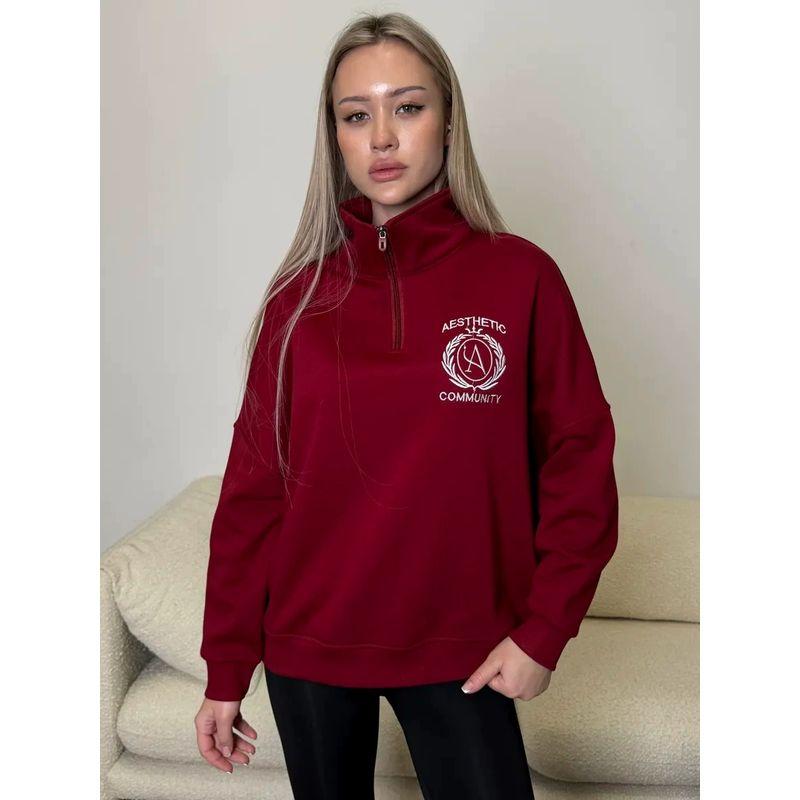 

Мода Новое поступление Модный принт Повседневный Свободный Свитшот на половину молнии Свободный Топ на половину молнии с принтом Wine Red (thin) thin M