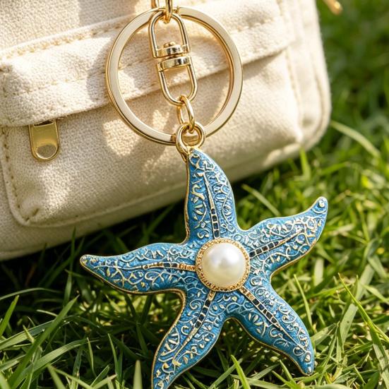 Keychain Pendant Starfish Design Zinc Alloy Key Chain with Imitation Pearl Inlaid Anti-Oxidation Lobster Clasp Key Pendant