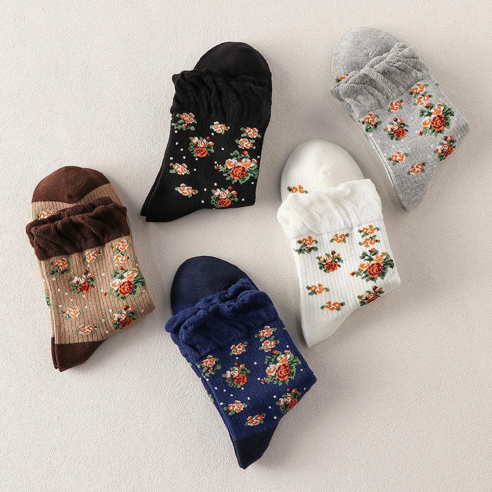 Retro Ethno-Stil Kinder Knöchelsocken, Trendige Sommer- und Frühlings-Leichte Blumen-Kristallseide Frottee-Lange Socken