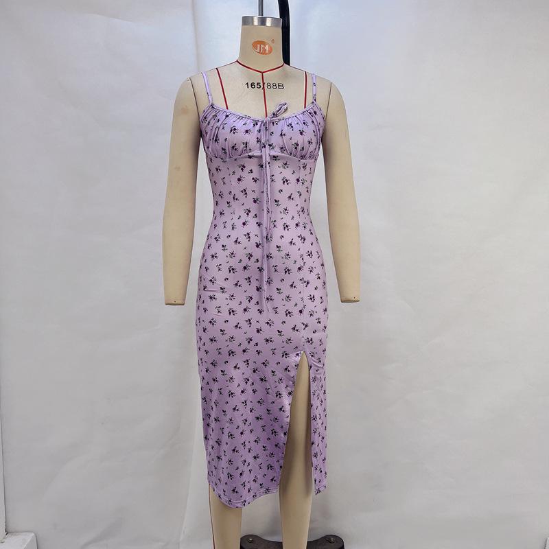 2025 Summer Floral Spaghetti Strap Maxi Dress for Women - Hot Selling Split Design Large светло-фиолетовый