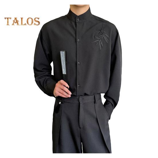 

Мужская рубашка весна-осень с воротником-стойкой, облегающая, эластичная, с вышивкой в виде листьев бамбука, однобортная, с длинными рукавами, однотонная, средней длины, официальная, деловая L чёрный