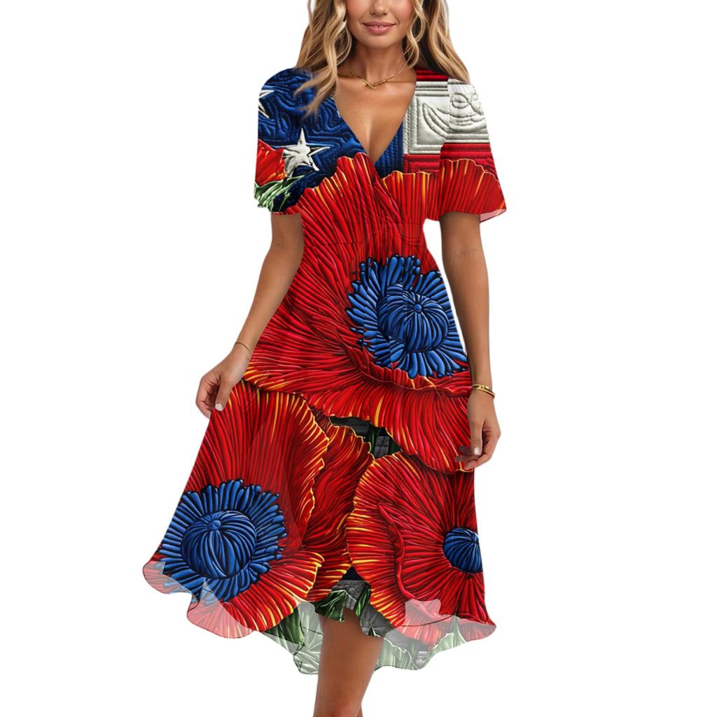 Women's Fashionable Casual V-neck Short-sleeved Independence Day Printed Dress