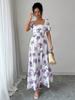 Fashion Women's Casual V-Neck Printed Midi Skirt Elastic Waist Dress