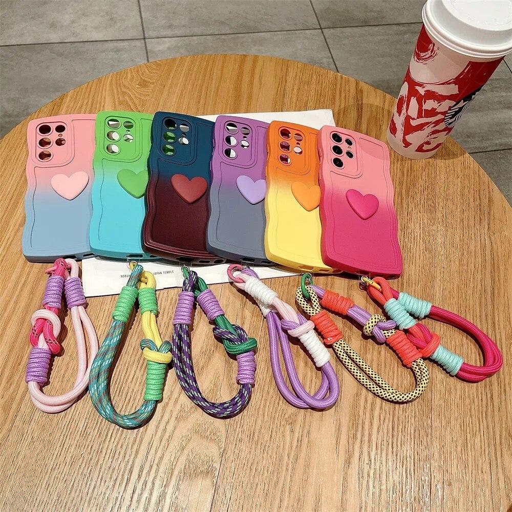 Gradient Love Heart Lanyard Case for Samsung Galaxy S24 Ultra S23 S22 Plus S21 S20 FE A54 A14 A34 A52 A53 Wrist Strap Wave Cover