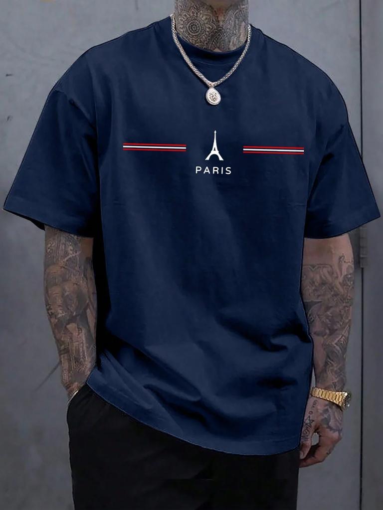 Summer 100% cotton men's loose size comfortable Paris letter print slim casual sports round neck short sleeve T-shirt top
