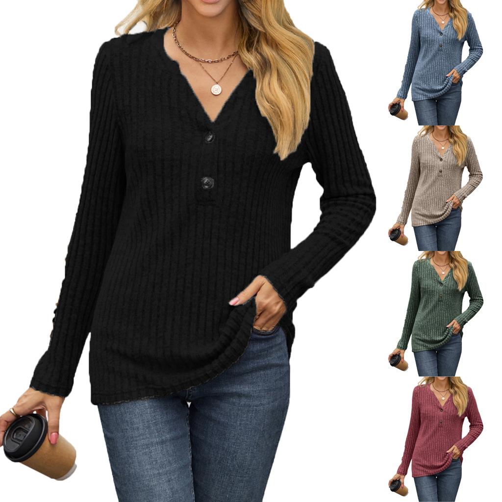 Women's Fashionable Casual V-neck Button Long-sleeved Top