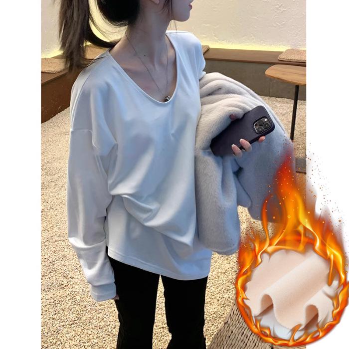 Women's White V-Neck Long Sleeve Loose Fit Mid-Length Shirt - Autumn Winter Layering Top