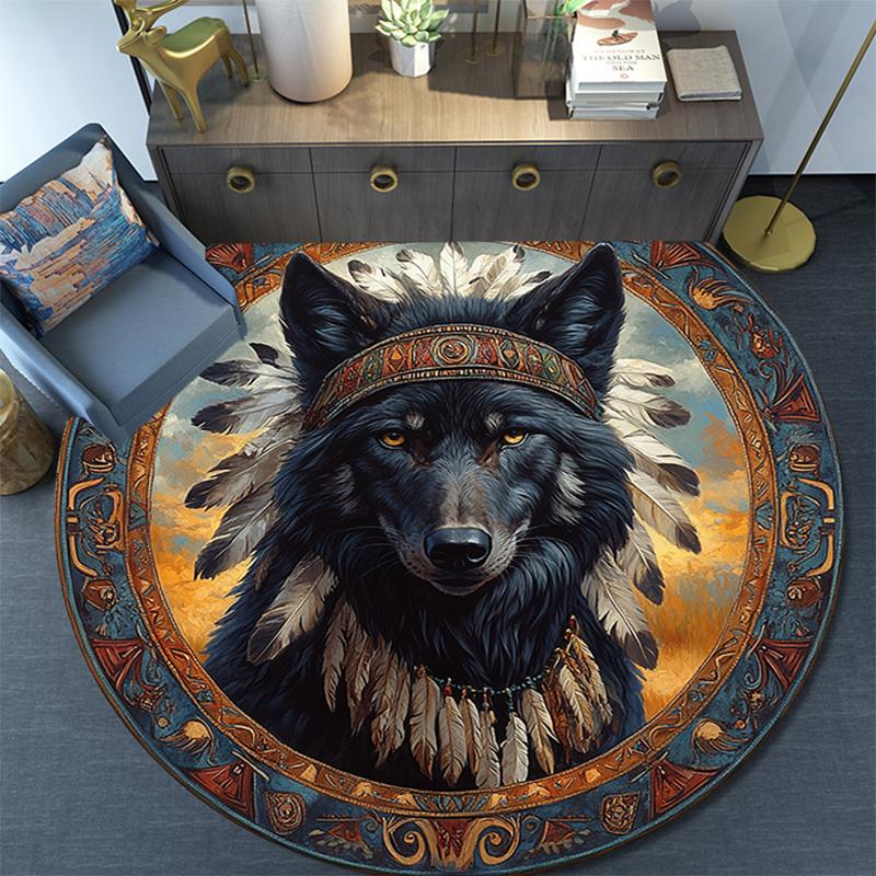 Wolf Chief Round Area Rug,Carpet Rug for Living Room Bedroom Sofa Playroom Decor,Non-slip Floor Mat