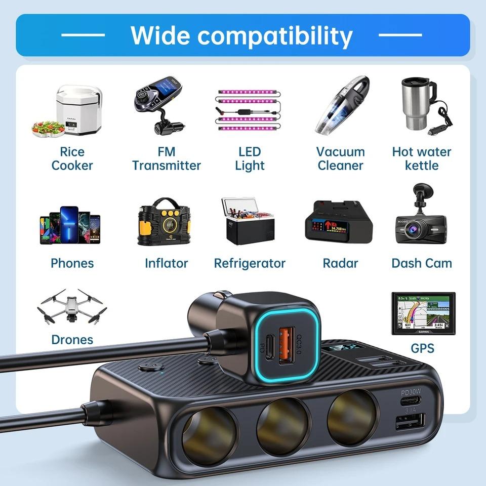 128W Car Charger Adapter 9 Port 4 USBQuick Charging PD 30W/QC 3.0 12V/24V DC Car Phone Charger for Huawei Xiaomi Samsung