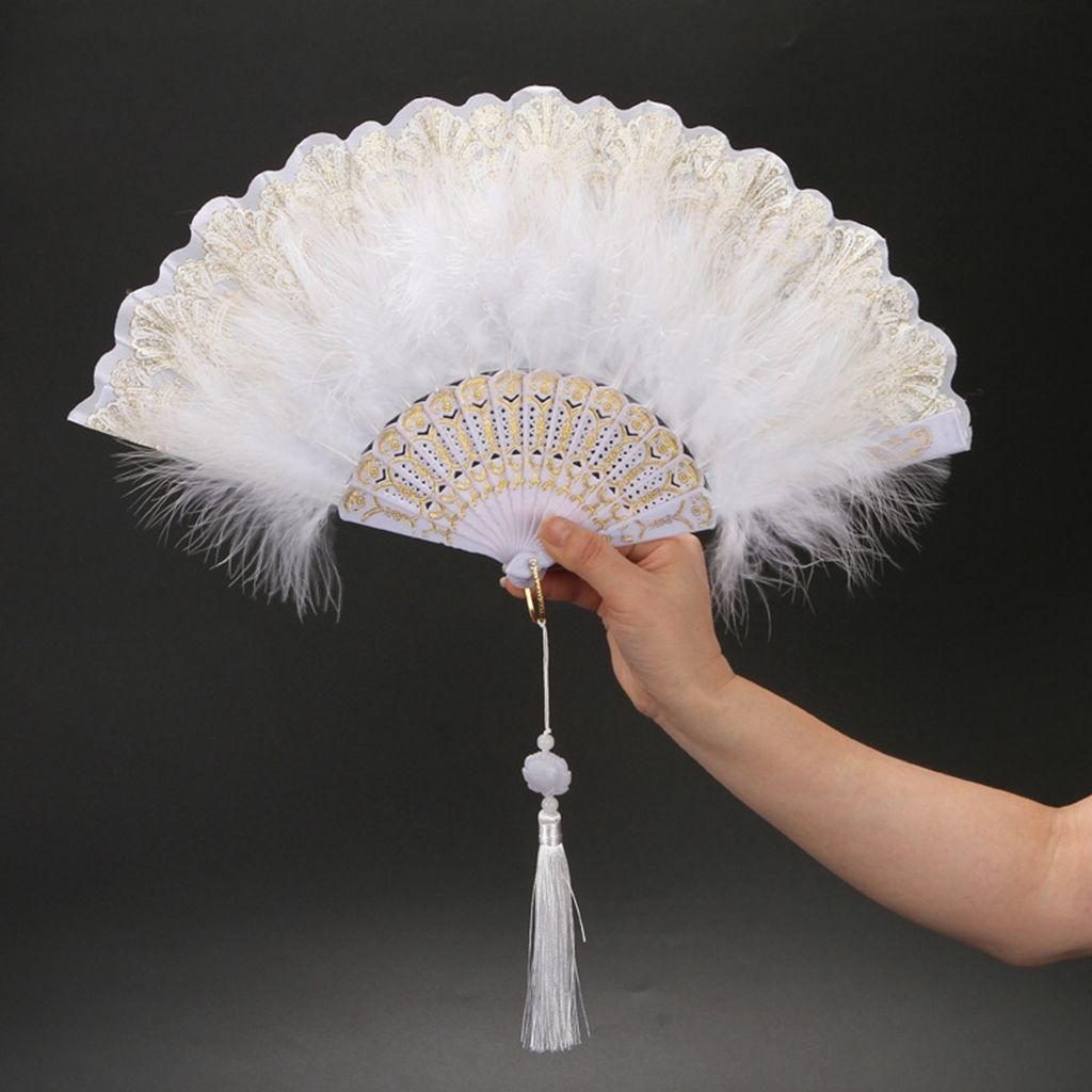 Lolita Feather Folding Fan Japanese Girl Gothic Court Dance Hand Fan with Pendant Gift Wedding Party Decoration