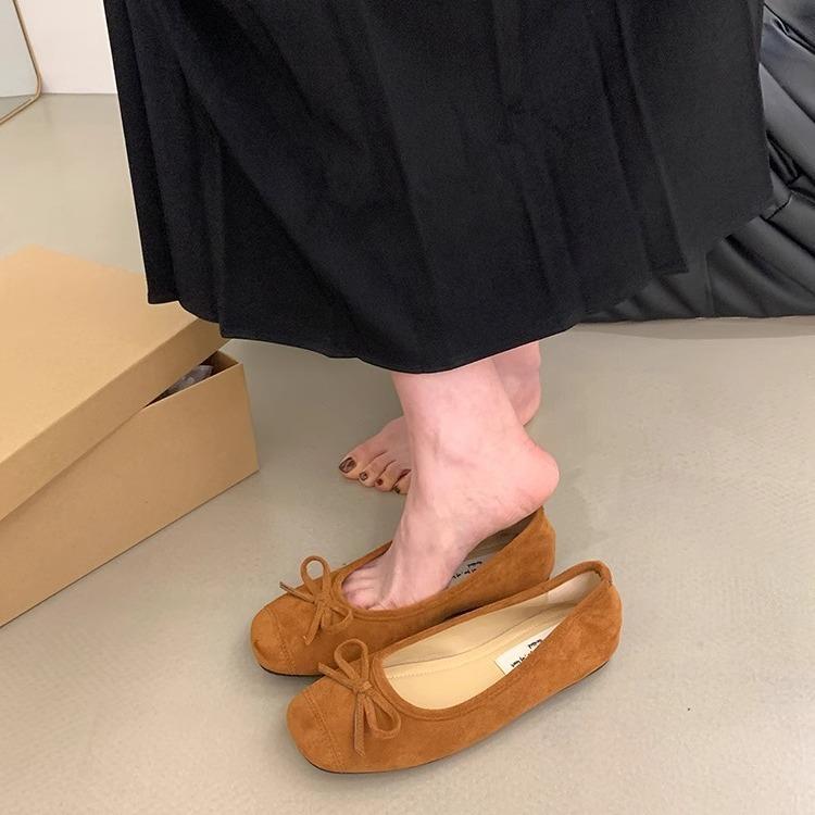 Ziyan suede mint green bow flat-soled single shoes, new round head soft sole shallow mouth grandma shoes in autumn 2025