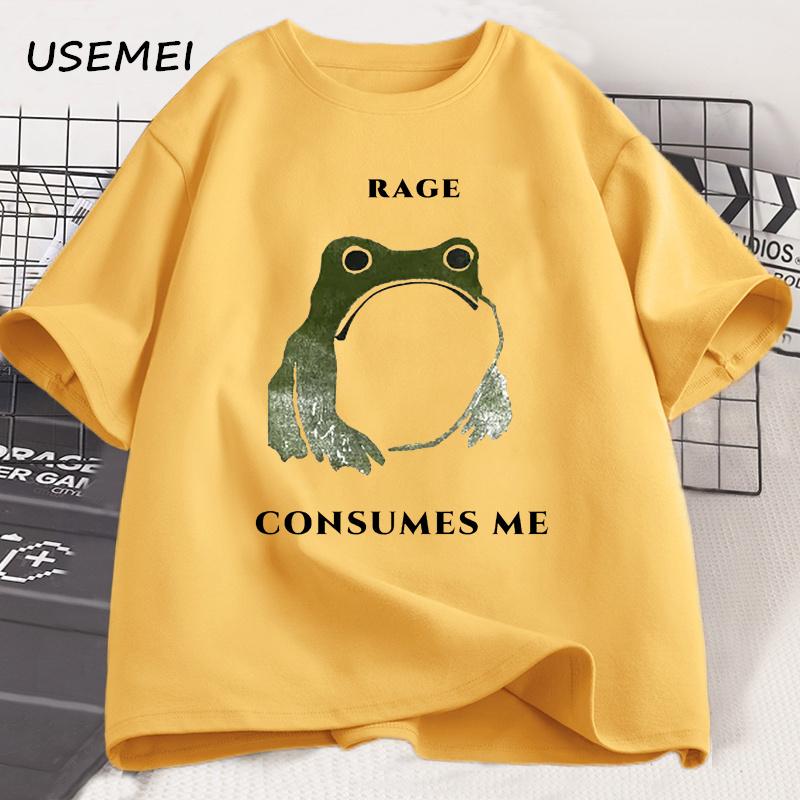 Unisexs T Shirts Funny Rage Consumes Me Frog Graphic T Shirts Vintage Cotton Short Sleeve Printed Tshirt Unisexs Clothes Streetwear