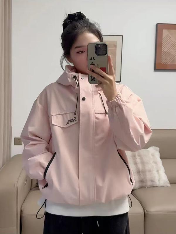 

Женская ветровка с капюшоном: 2025 Весна/Осень Свободная куртка в корейском стиле для миниатюрных L розовый