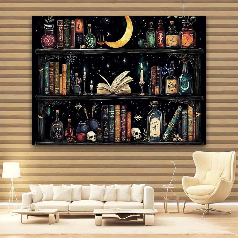 VIKAMA Moon And Star Wizard Bookshelf Tapestry Dark Decor Backdrop Bedroom Headboard Wall Cloth Dorm Room Decoration