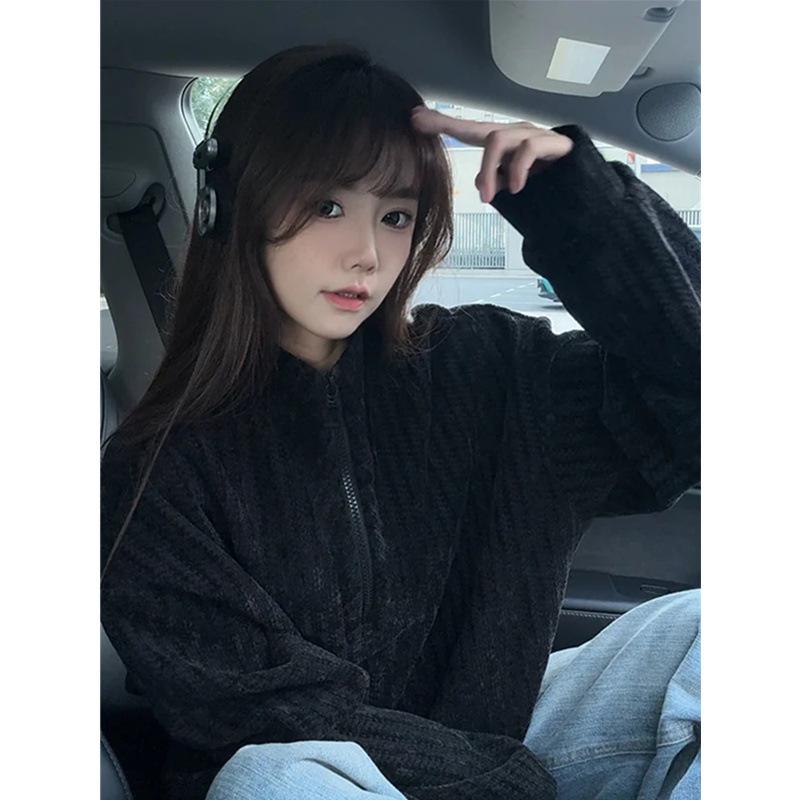 Trendy sweater men s and women s autumn and winter velvet models, new fish bone pattern zipper, loose stand-up collar to keep warm couples M