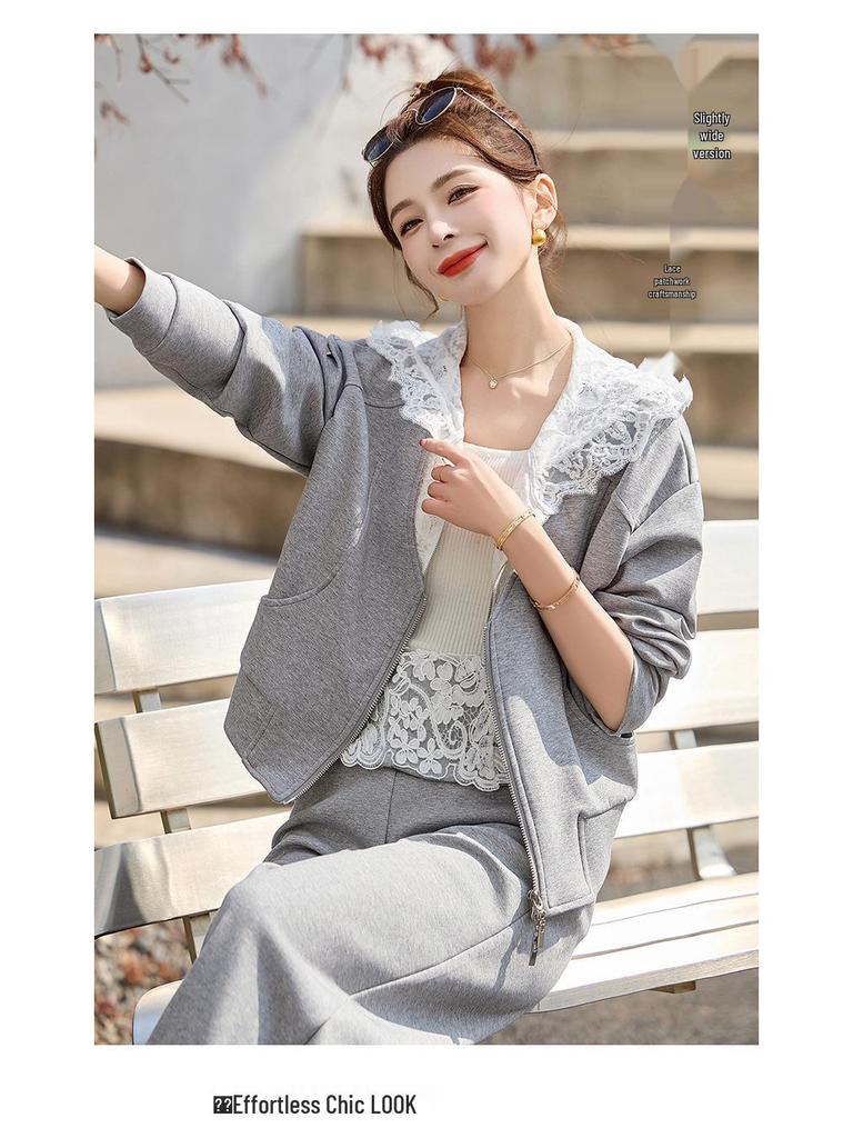 Spring 2025 Fashion: Small Fragrant Lace Patchwork Jacket & Long Pants Set