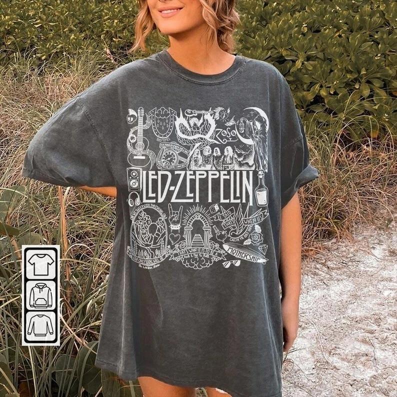 Led Zeppelin Doodle Art Shirt, Retro Led Zeppelin Merch, Graphic Album Lyric L