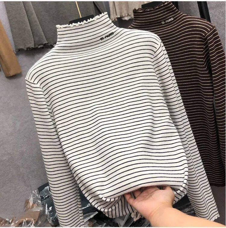 Girls Autumn Winter Striped Half Turtleneck Base Layer Shirt Long Sleeve Warm Thermal Top Korean Inner Wear 90 белый