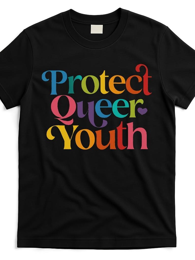 Men's LGBTQ+ Pride Graphic T-Shirt - Protect Queer Youth Slogan - Black Retro Tee with Multicolor Le