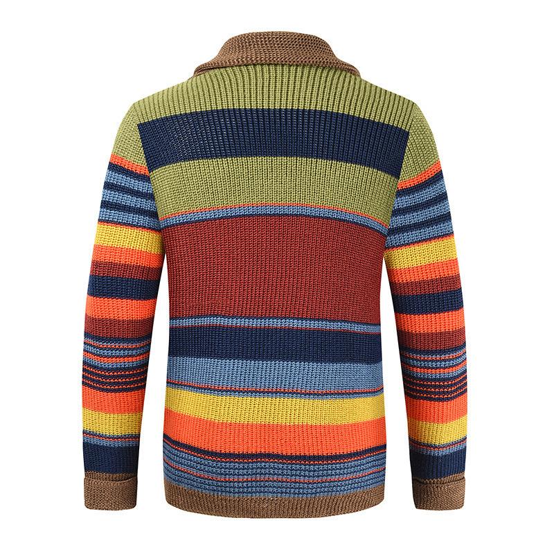 Men's Rainbow Striped Sweater Jacket Autumn and Winter Lapel Color Matching Knitted Jacket