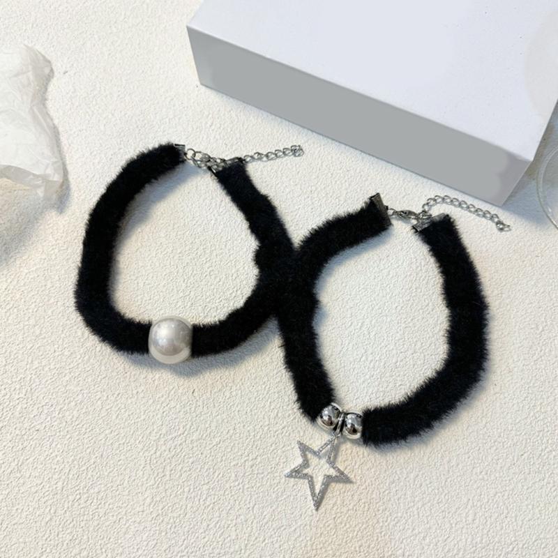 Soft Necklace Star/Round Bead Collarbone Chain Elegant Black Plush Neckchain Choker Pentagrams Accessory for Women