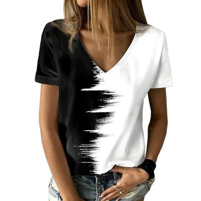 Europäisches und amerikanisches Sommer 3D T-Shirt Kurzarm Damen Kontrastfarbig bedrucktes V-Ausschnitt T-Shirt