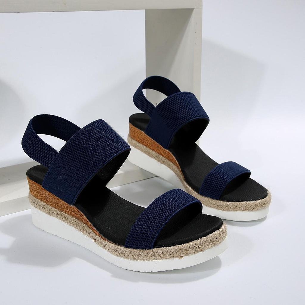 Plus Size Elastic Band Wedge Sandals, Women's Summer 2025, Slip-on Thick Sole Open Toe Sandals