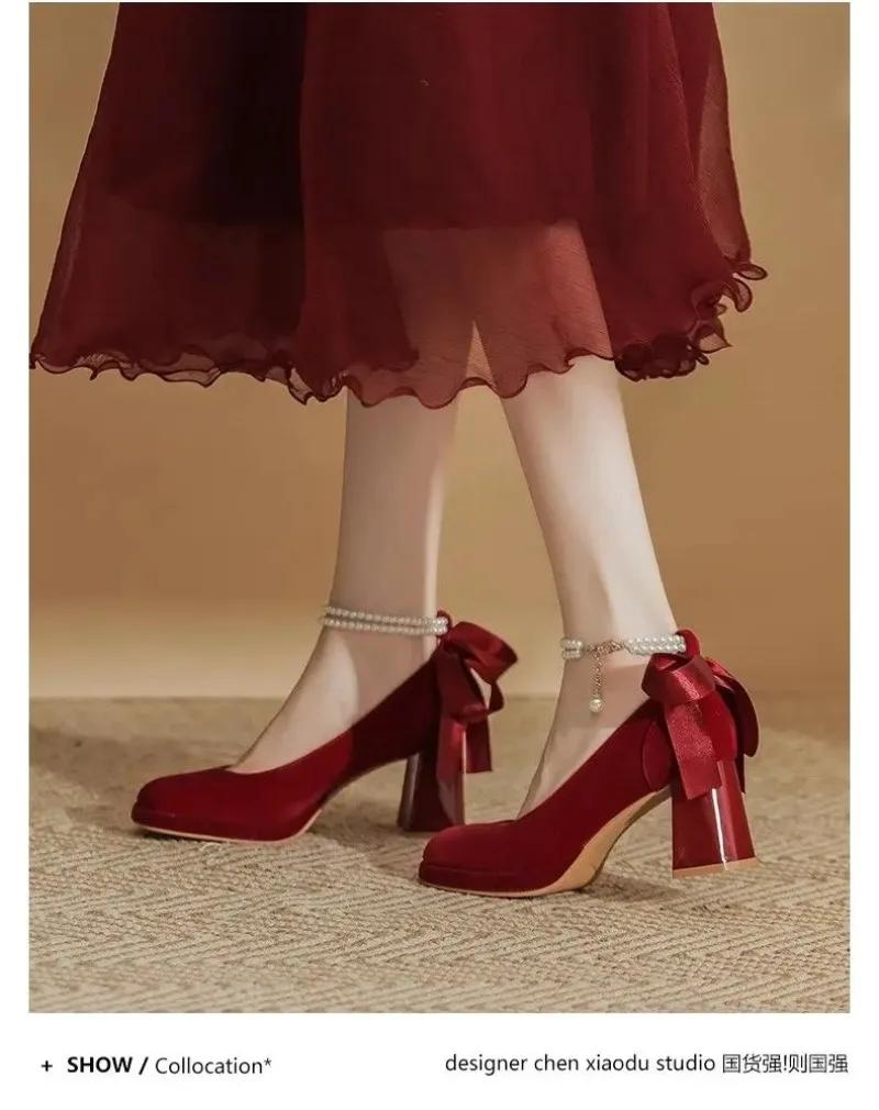 2024 New Red Bow Pearl Mary Jane Platform Waterproof Lolita Heels for Women Chunky Wedding Shoes Single Shoe
