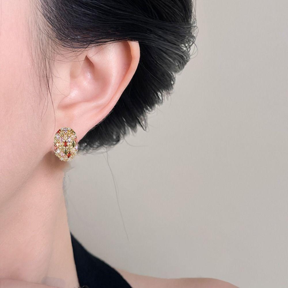Oval Shape Colorful Zircon Earring Copper Gilding Ear Drop Simple Ear Jewelry  Women