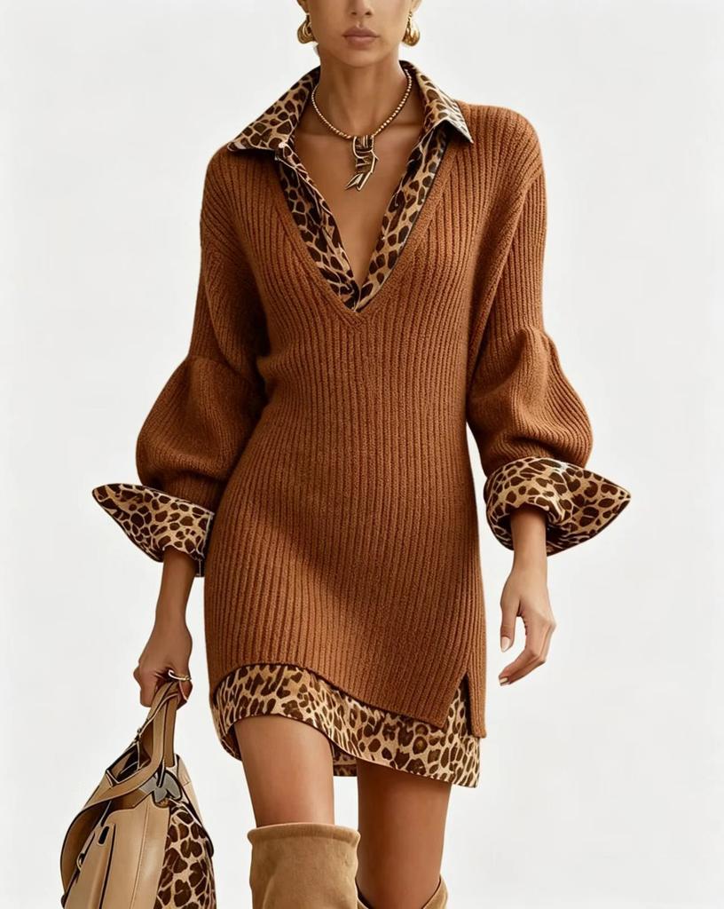 European and American Women's Clothing New V-neck Leopard Print Splicing Knitted Dress Women's Loose Casual Fashion Short Skirt