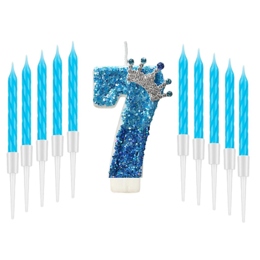 11pcs Blue Birthday 0-9 Candle for Cake,Blue Crown Cake Topper Princess Birthday Party Decorations Cupcake Topper Party Supplies