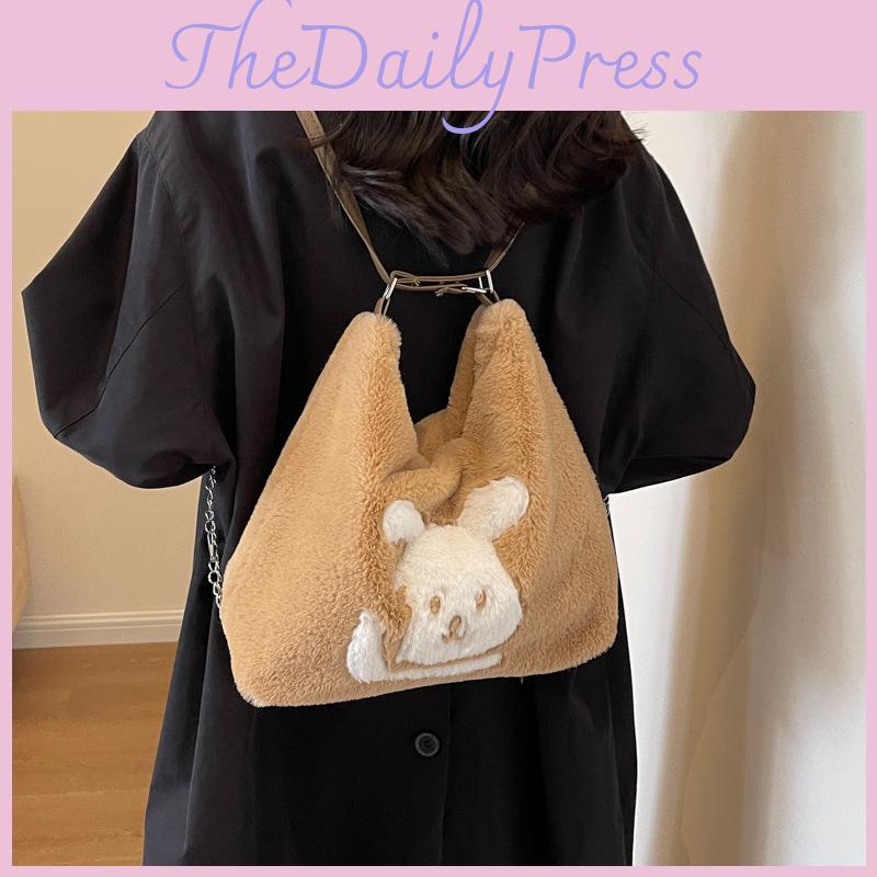 Adorable Plush Cartoon Tote Bag For Women Stylish Large Capacity Shoulder Bag For School And Daily Use In Black Khaki And Cream Colors