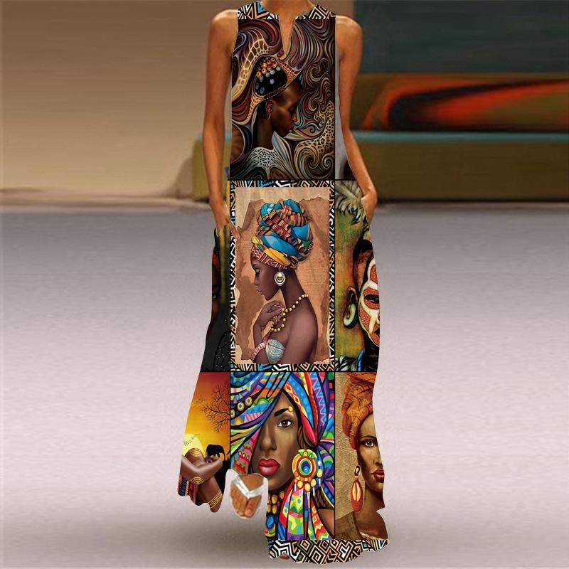 Women's V Neck Sleeveless Maxi Dress Loose Fit Elastic Waist Ethnic Vintage African Figure Print Long Dress