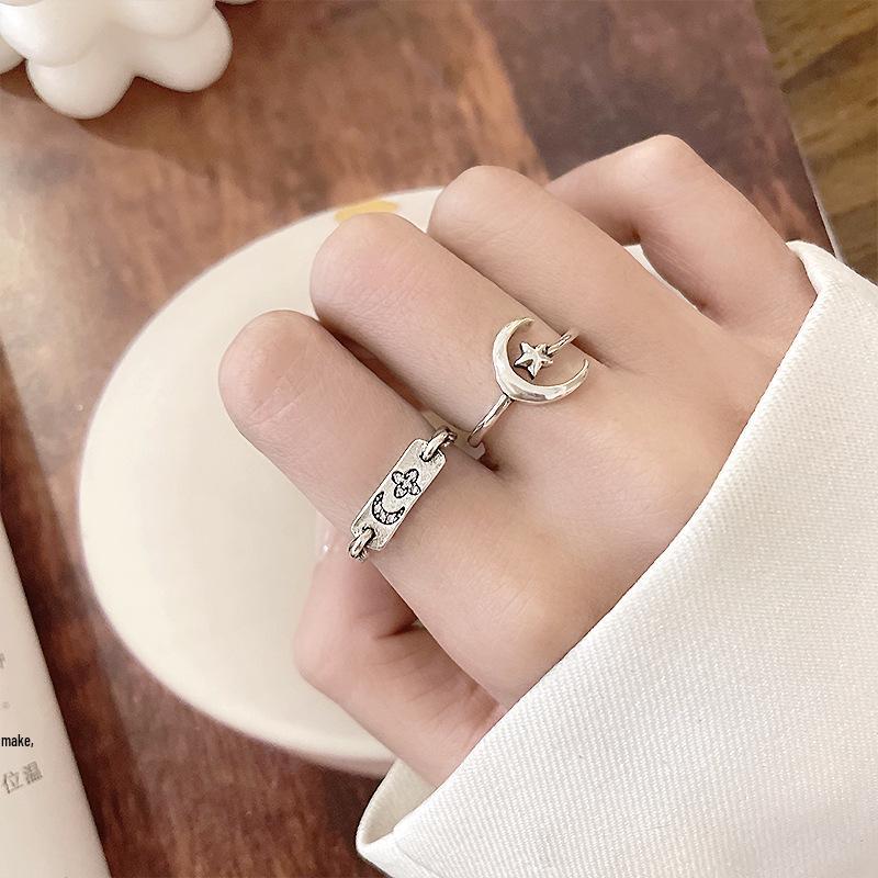 Korean Star Moon Sterling Silver Ring - Non-Fading Design for Women