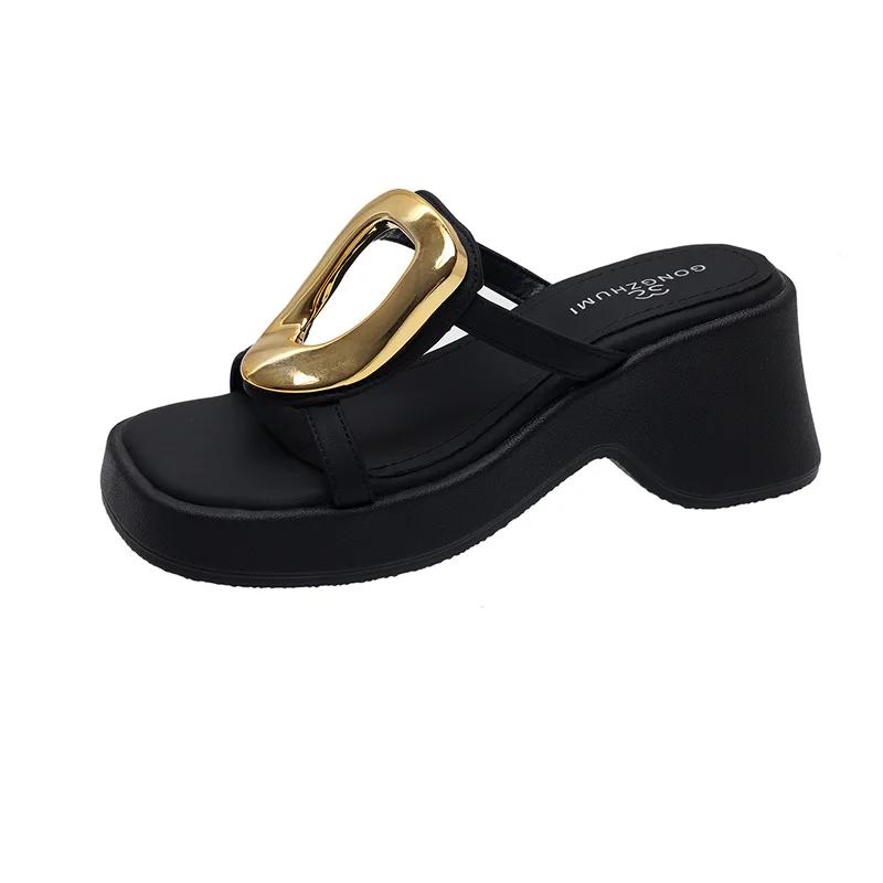 Fashion 2024 Summer New Hollowed Out Gold Buckle High-heeled Slippers with Socialite Style Gold Wedge Heel High-heeled Slippers