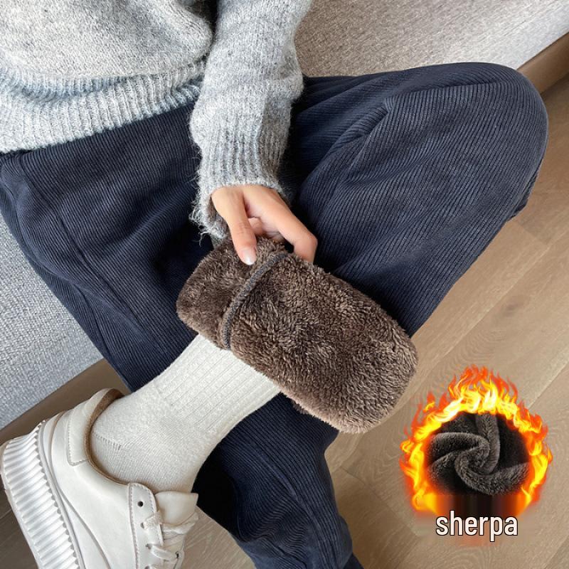 Plus-Size Chenille Velvet Pear-Shaped Wide-Leg Winter Pants – Thick Warm Straight-Leg Cotton with Imitation Lamb Wool