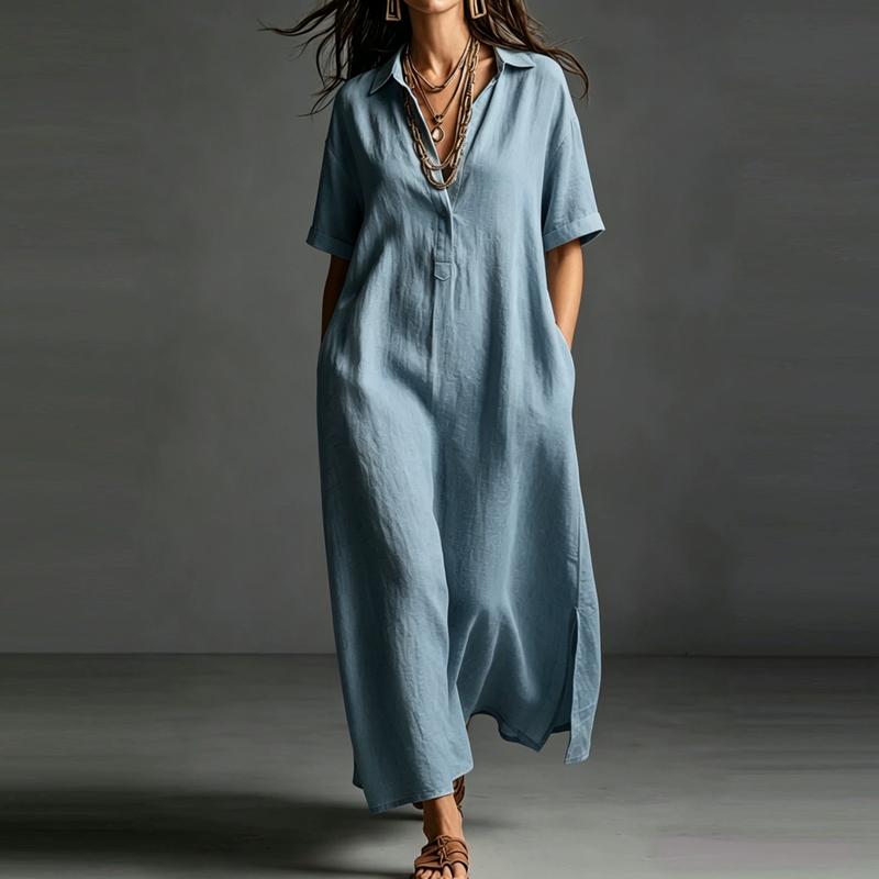 Vintage Summer Simple Casual Dress Solid Color Lapel Short Sleeved Loose Pullover Shirt for Office Dresses