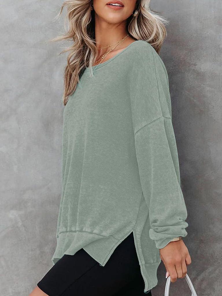 Women's Autumn New Style Crew Neck Long Sleeve Side Slit Checked Waistcoat T-Shirt