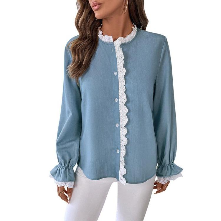 Spring Autumn Elegant Lacework Shirt Top for Women with Ruffles and Lantern Sleeve In Solid Color