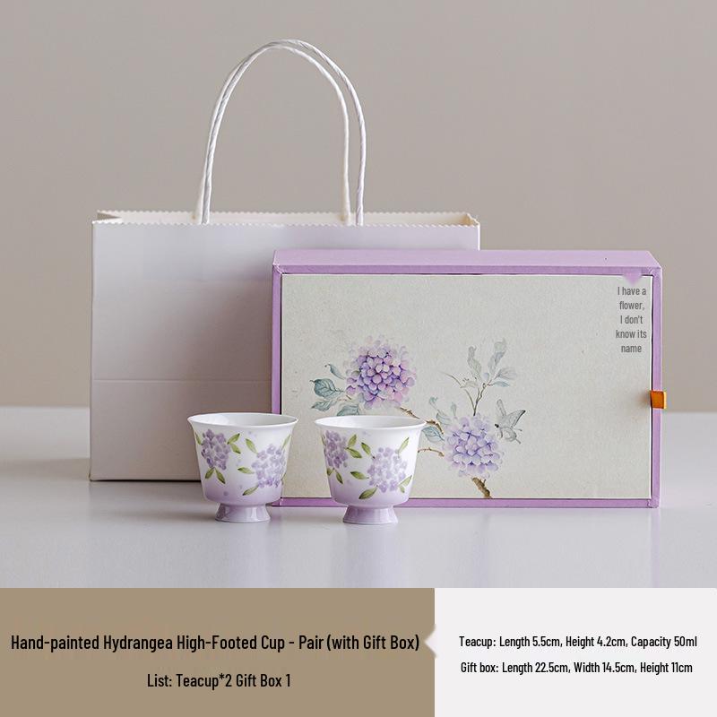 Hand-Painted Hydrangea Tea Cups Gift Set: Women's Kung Fu Tea Pair for Business and Souvenir Gifts