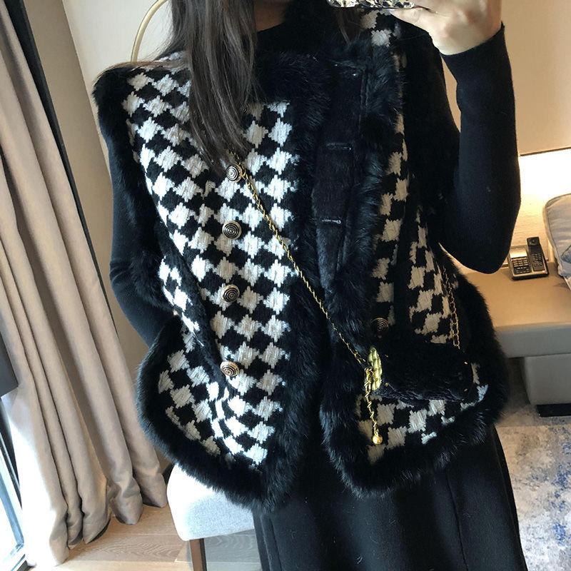 

Autumn and winter mink hair jacket women s small fragrant wind thousand bird grid small vest tweed splicing vest retro casual vest