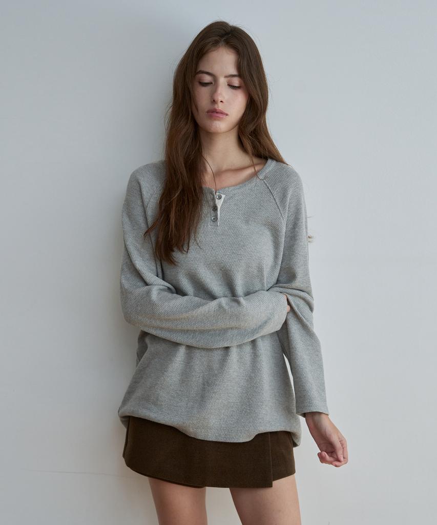 KEYAMO Waffle Henley Neck Long Sleeve_Melange