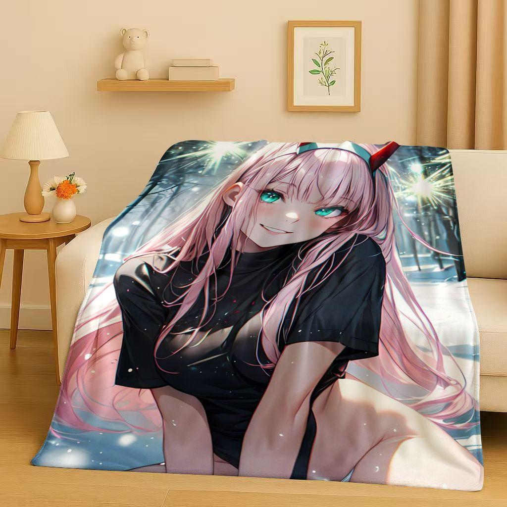 Manta de Franela Sexy 3D de Chica Zero Two DARLING in The FRANXX, Manta de Felpa Suave y Cálida para Hogar, Dormitorio, Cama, Sofá, Oficina