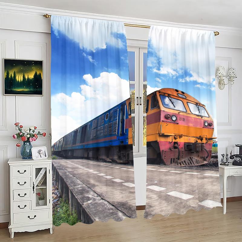 Tåg under blå himmel - HD-tryckta gardiner - Polyester - Lämpliga för sovrum, vardagsrum, arbetsrum (anpassningsbar)