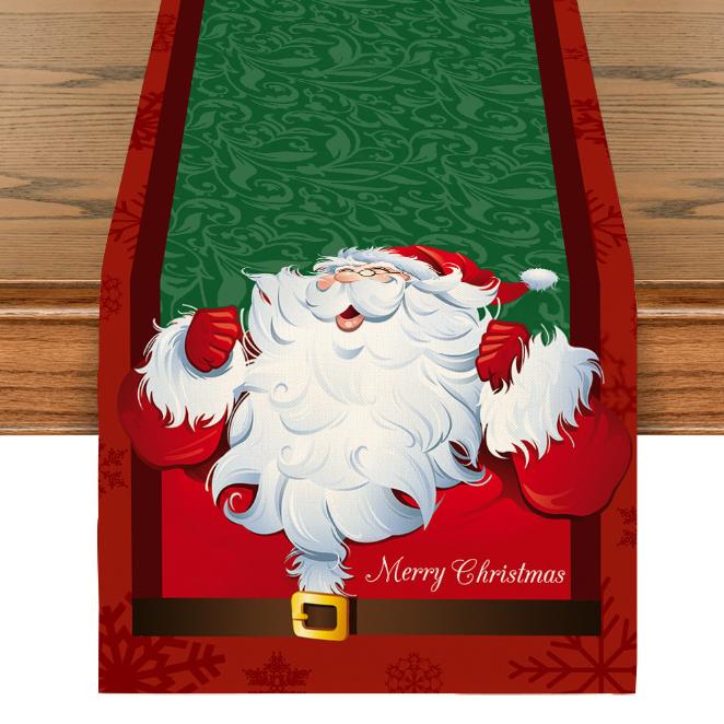 Linen Christmas Table Flag with Snowman & Santa Prints - Festive Table Mat Decorations