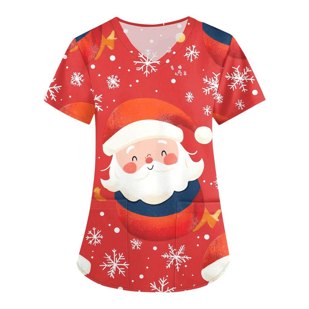 Modischer Overall mit V-Ausschnitt und kurzen Ärmeln für Damen mit Taschen und weihnachtlichem Aufdruck